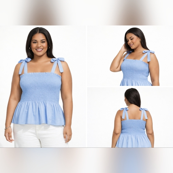 J. Crew Tops - Nwt J. Crew Smocked Tie-Shoulder Tank Top Light Blue Cotton Poplin Plus Size